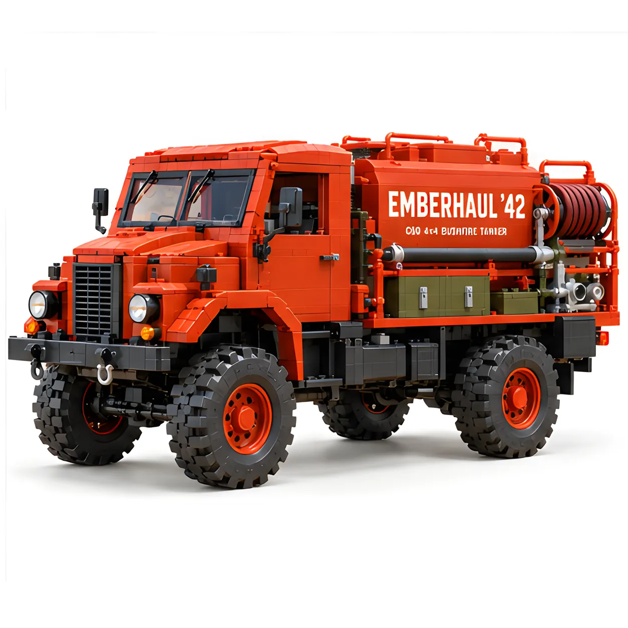 Red brick-built bushfire tanker isolated on a white background, showing the split windscreen, upright grille, tank body, side hose reel, and deep-tread tires.