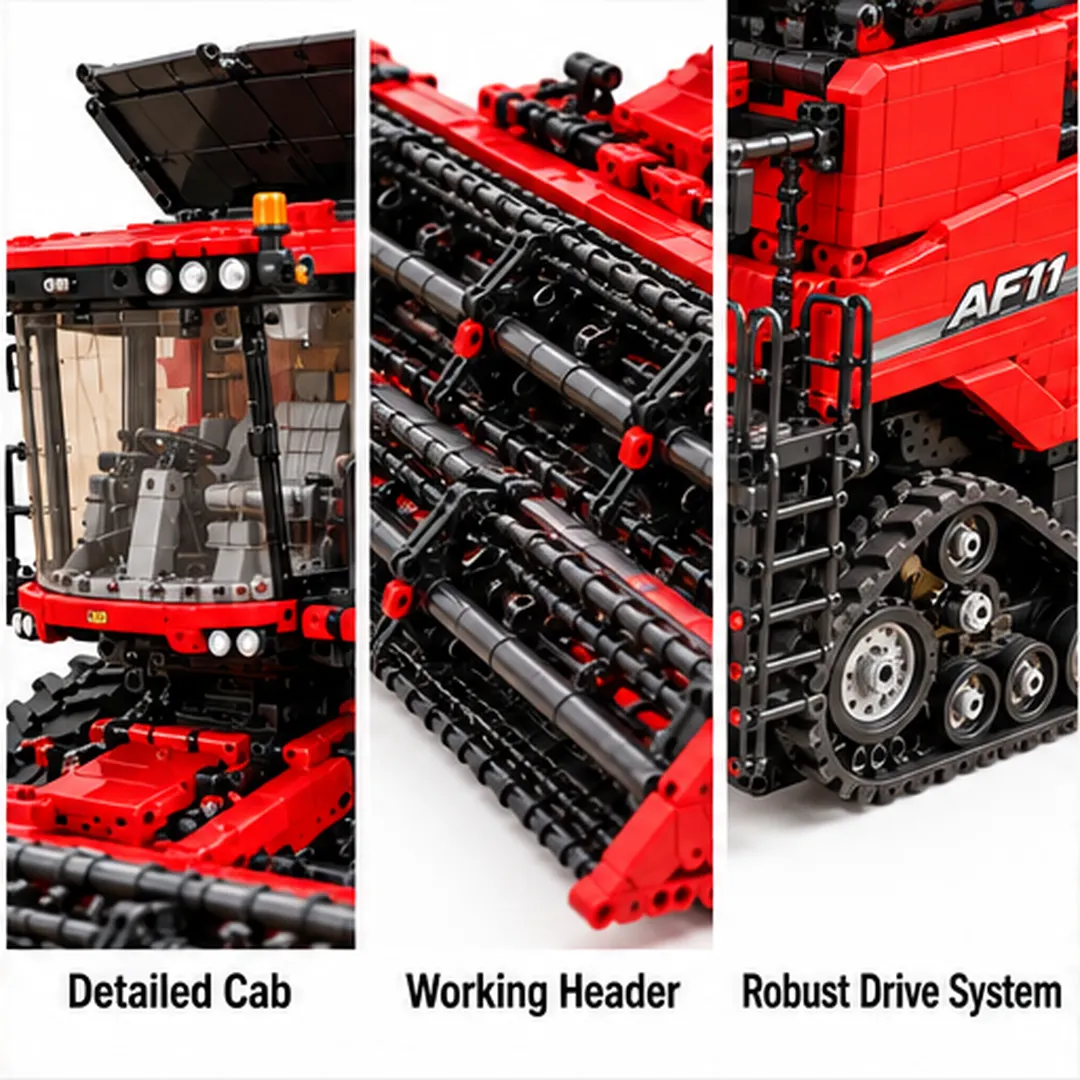 Adult builder with red AF11 combine model, loose bricks and building instructions