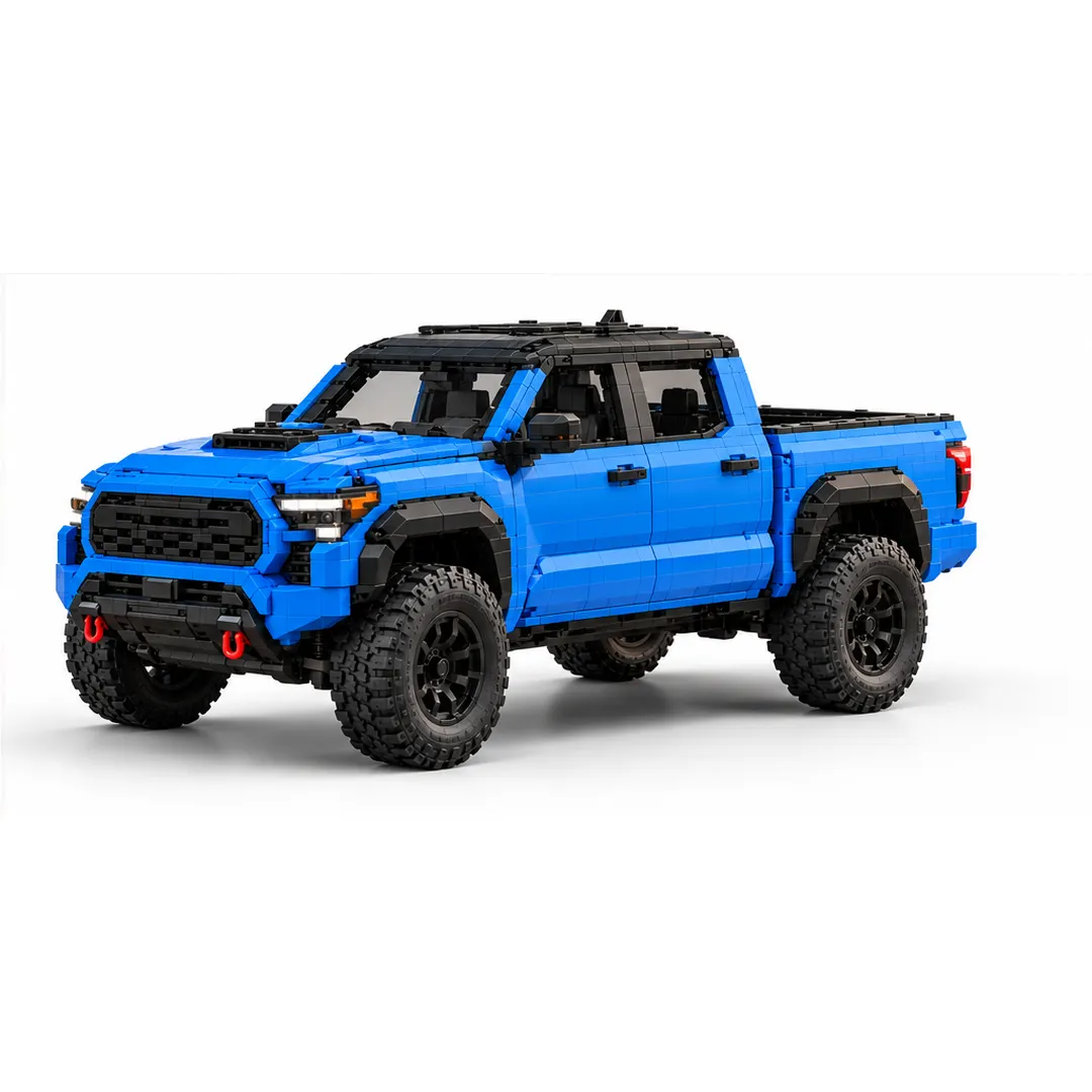 Blue off-road pickup building model displayed in home, office and collection settings