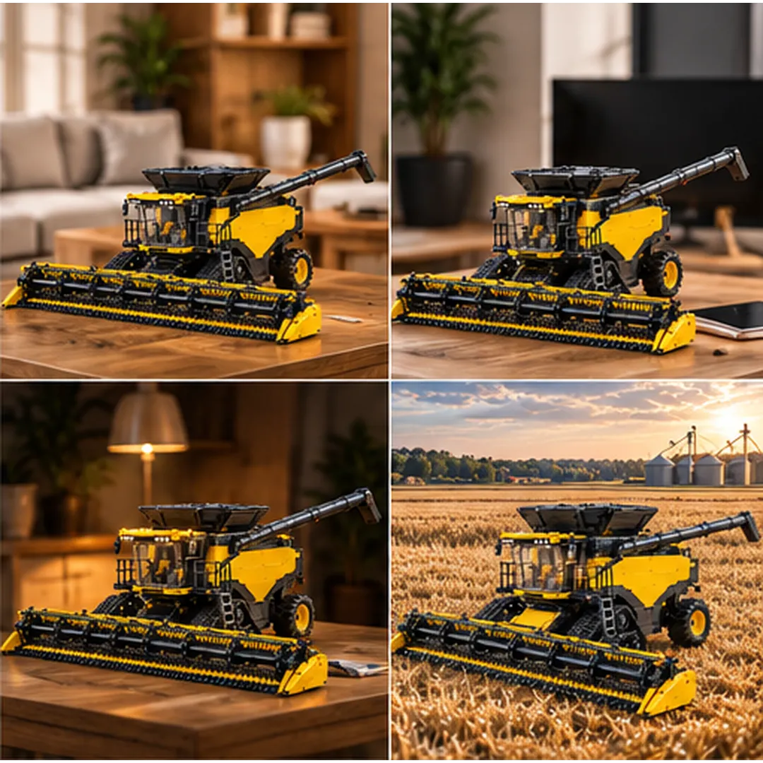 Grain Harvest Giant brick-built combine displayed in living room, office, collector shelf and golden grain field environments