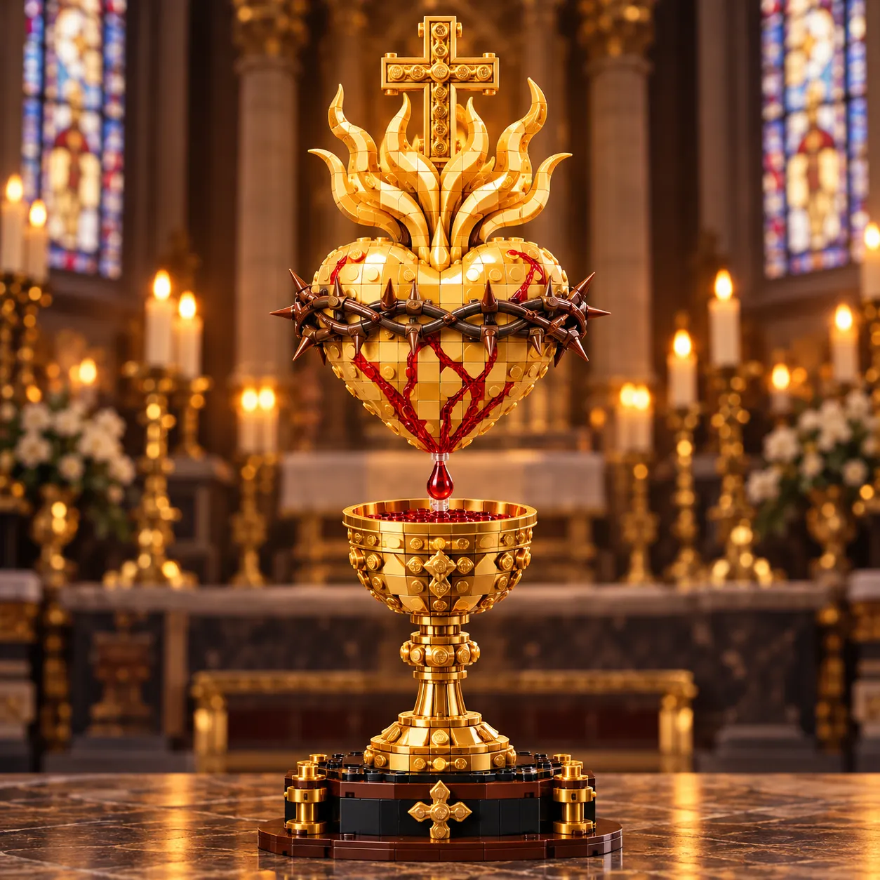 Completed Sacred Heart and Holy Chalice brick display