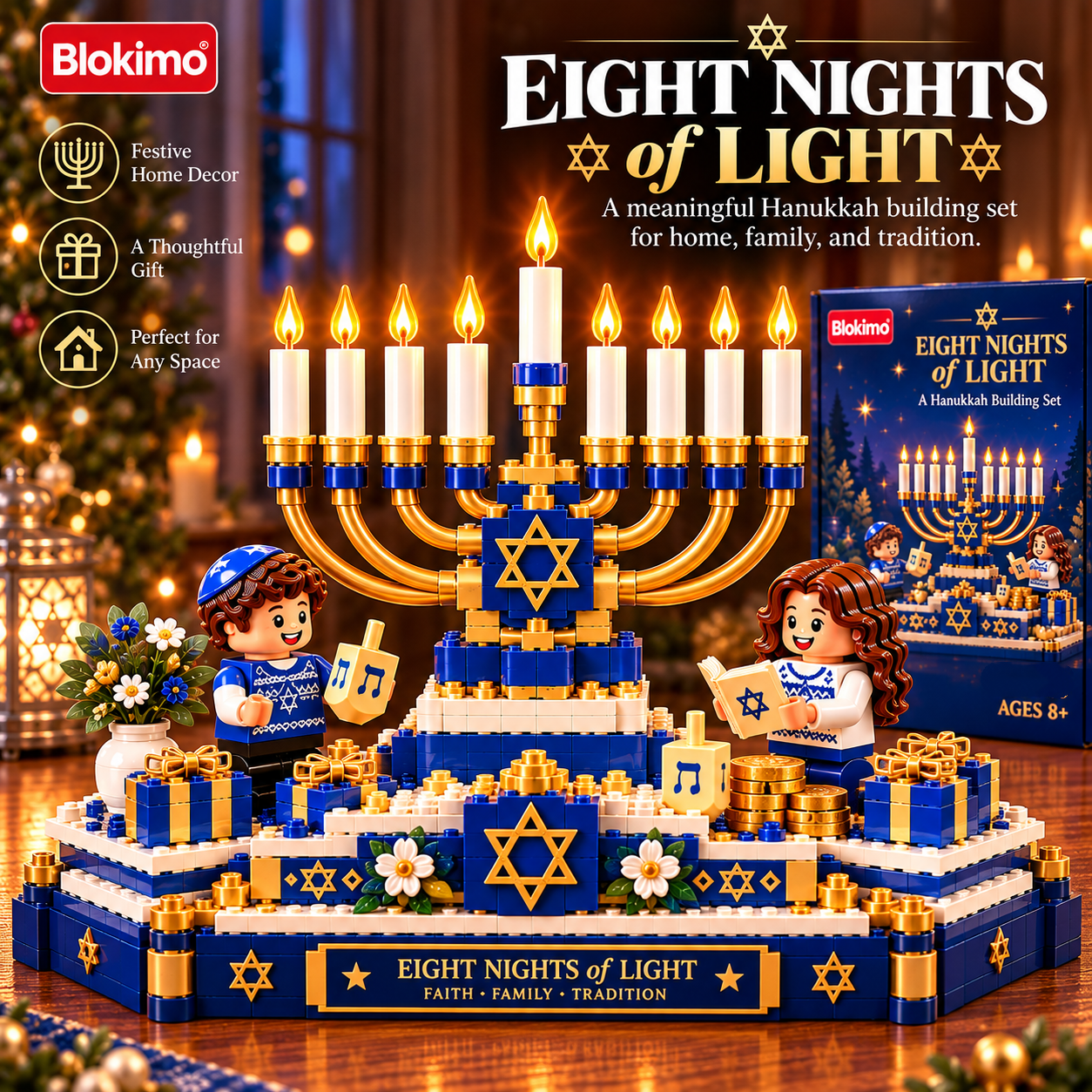 Hanukkah menorah brick building set with nine white flame-topped candles, gold arms, blue Star of David base, two brick characters, presents, and illustrated gift box