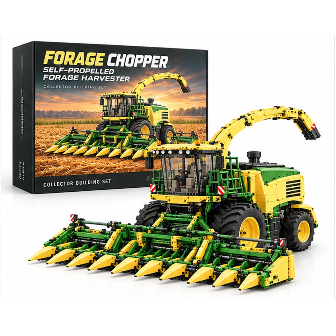 Complete green and yellow forage harvester brick model with wide yellow-tipped corn header, large wheels and overhead spout beside a collector-style box on white studio background