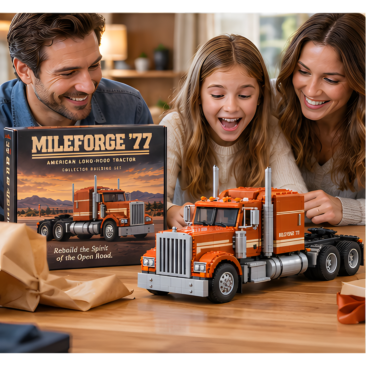 Adult man, girl, and woman gathered around a finished burnt-orange truck build beside the MILEFORGE '77 presentation box.