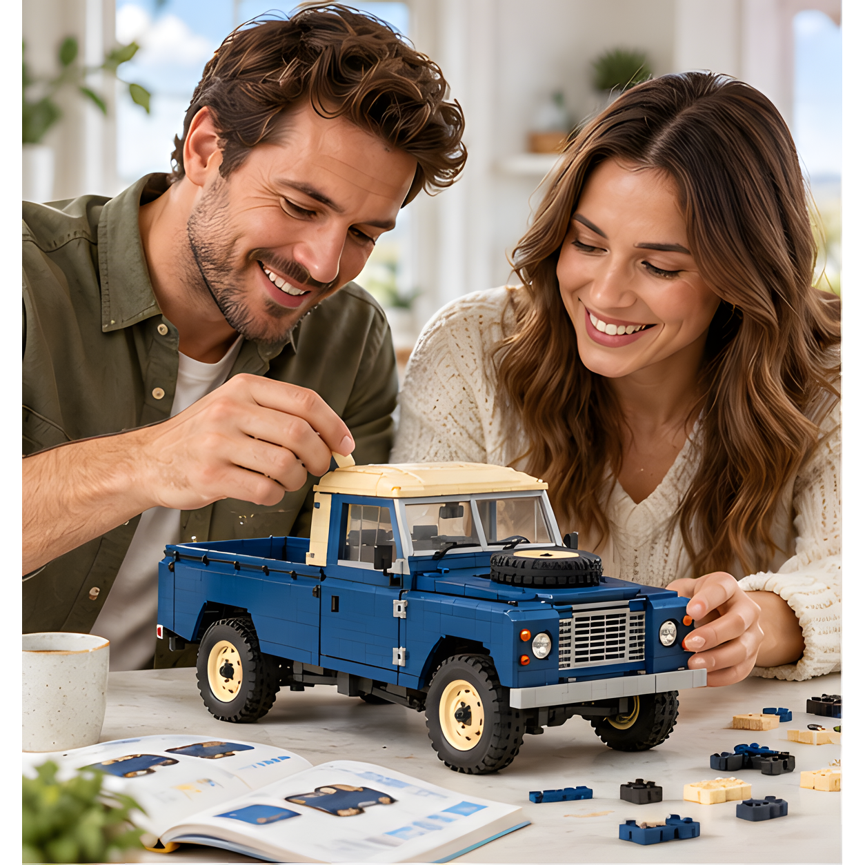 Two adults working together on a blue brick-built pickup at a table, with loose blue and cream pieces and an open instruction booklet.