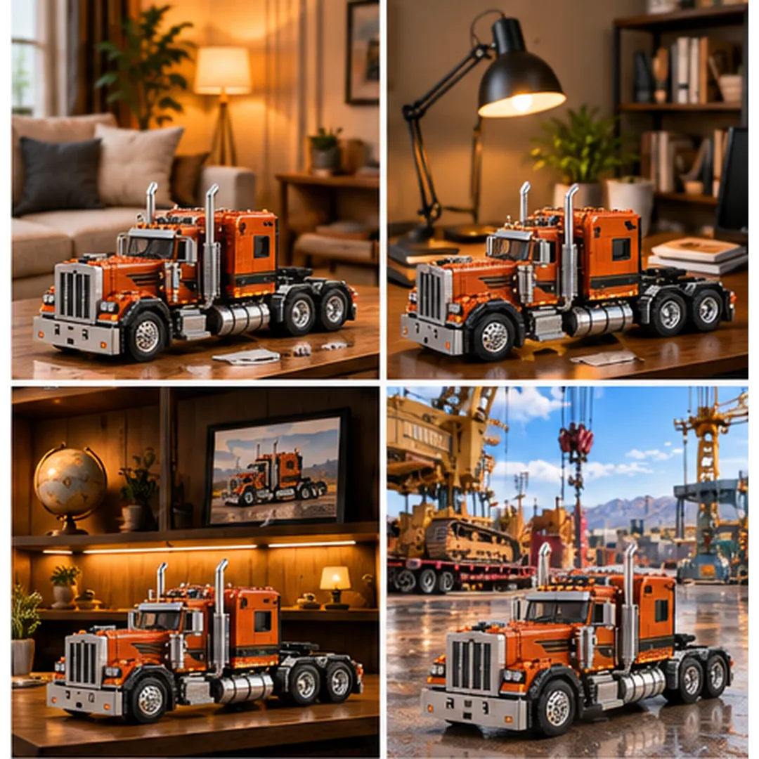 Orange heavy-haul building-brick truck shown in home office and industrial-themed collector display scenes