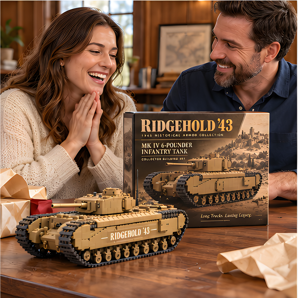 Two adults smiling behind a tan brick tank and illustrated Ridgehold ’43 box with gift wrapping on the table