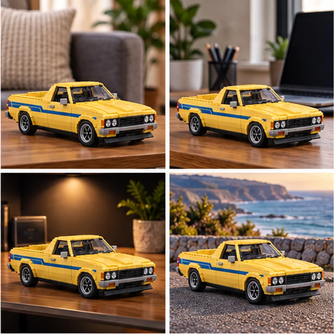 Four display settings for the yellow COASTLINE ’78 ute: living room, desk, shelf, and coastal overlook