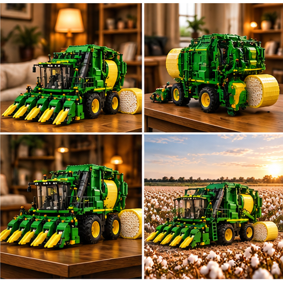 Green Harvest Six cotton picker brick-built model shown in four collector display settings including desk, shelving, living room and cotton field