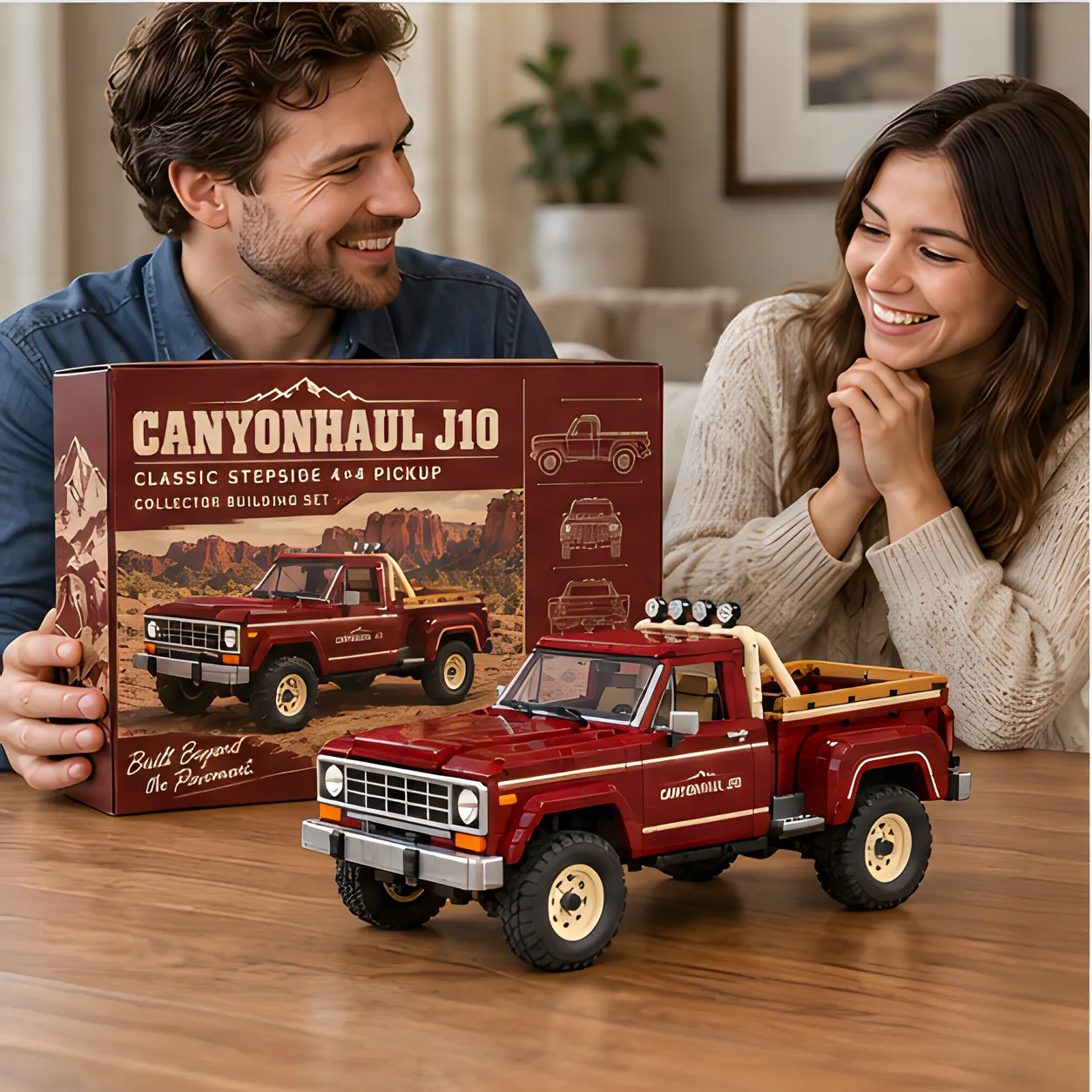 Two smiling adults enjoying a burgundy CANYONHAUL J10 brick-built pickup with rugged black tires and tan cargo-bed rails on a wooden table.