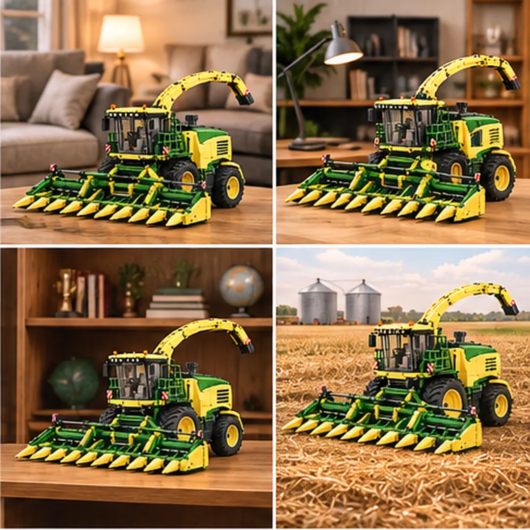Forage Chopper green and yellow brick harvester displayed on a living room table, home office desk, collector shelf and farm-field scene