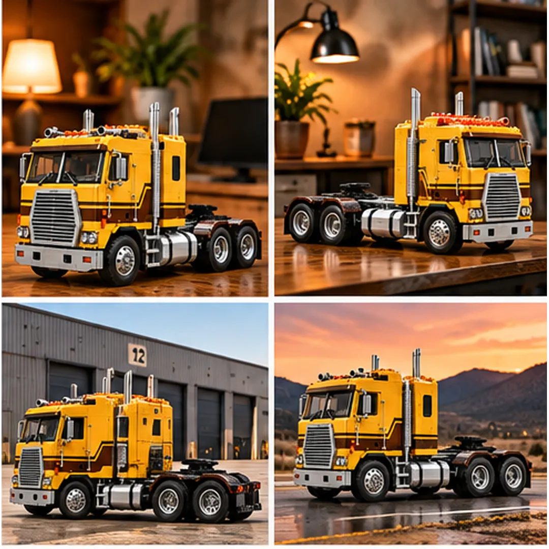 Four-scene collage of a yellow and brown cabover truck building model indoors, at a freight warehouse, and by a sunset highway