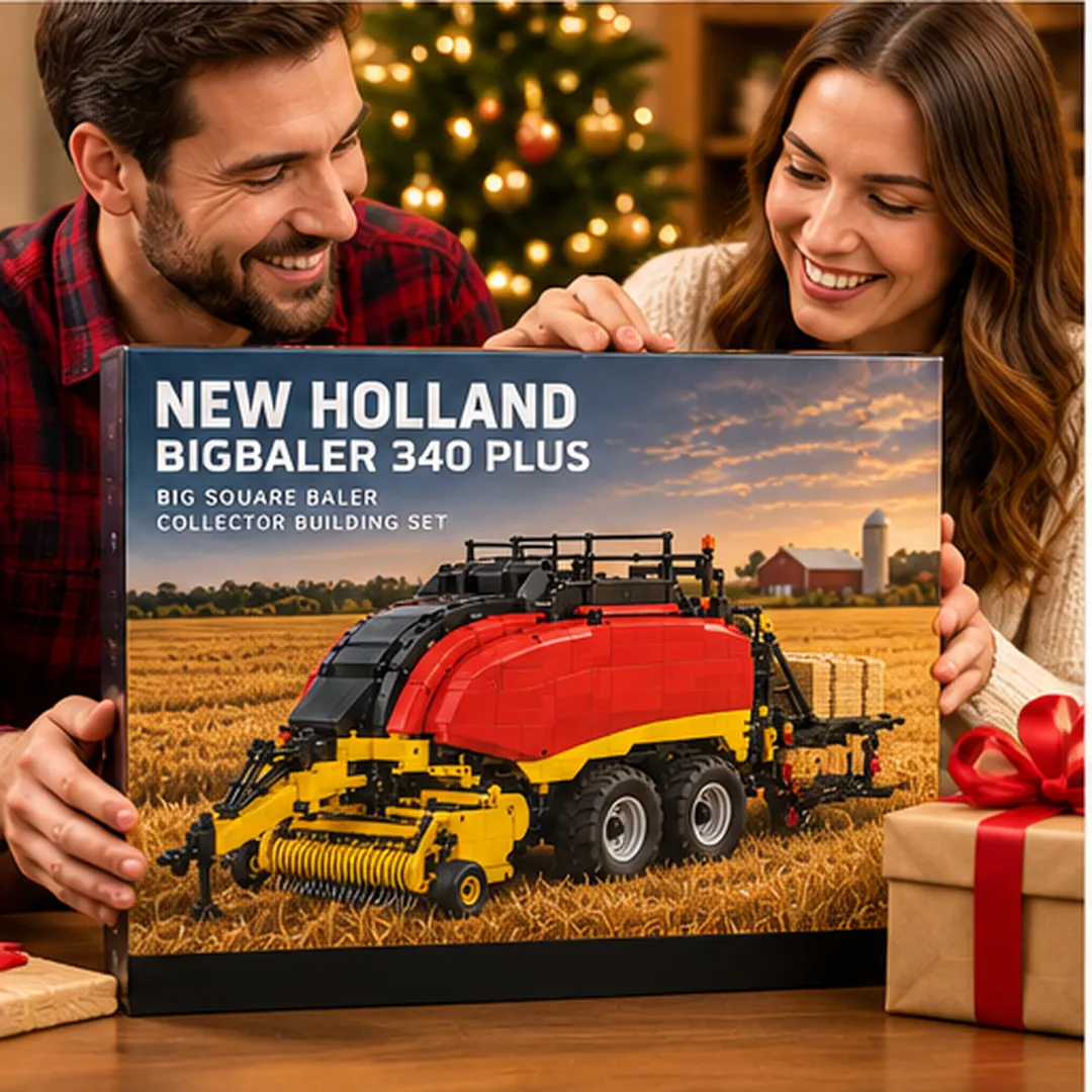 New Holland BigBaler 340 PLUS collector building model displayed in a living room, office, collection shelf, and farm-themed setting