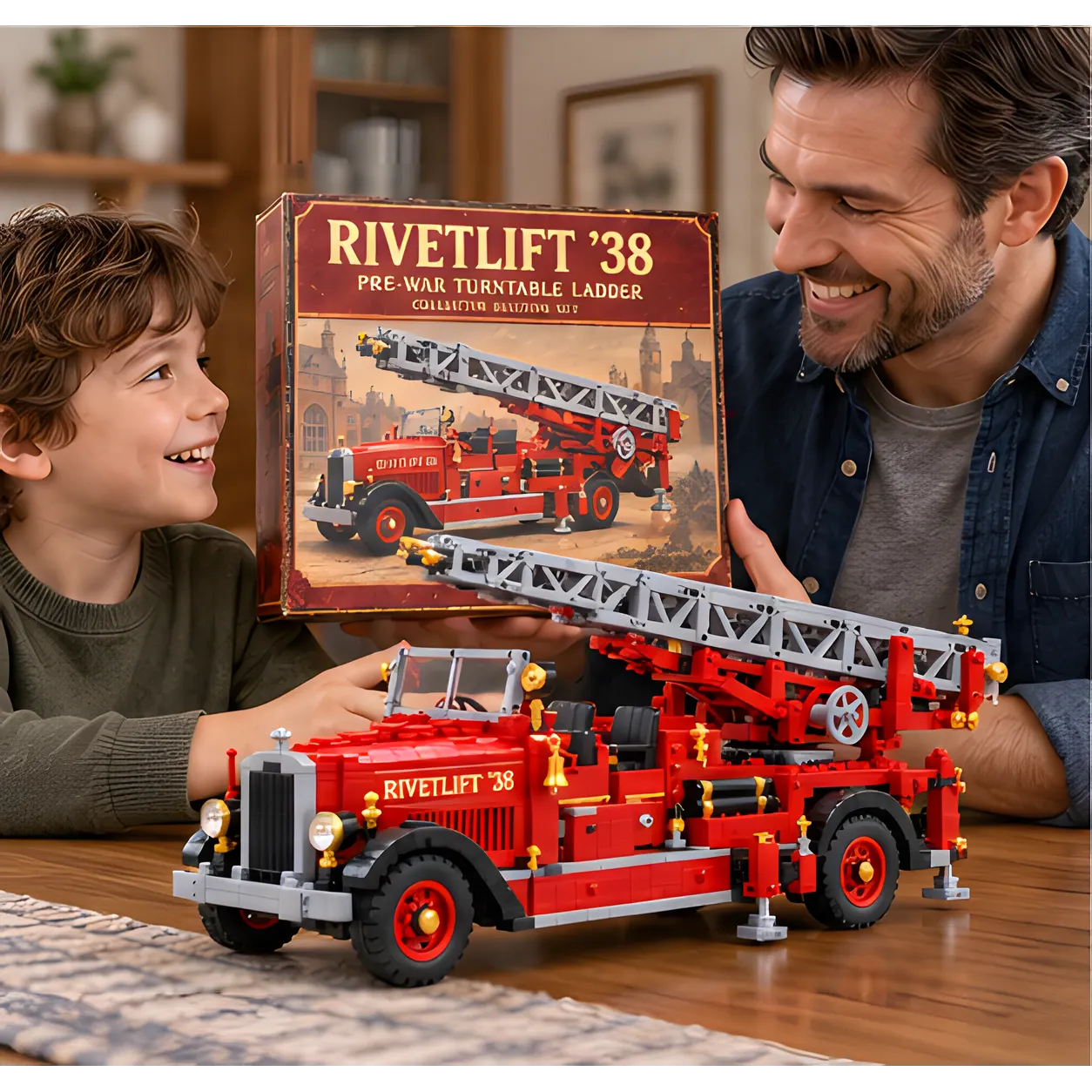 Adult and child smiling together beside the completed red brick ladder truck