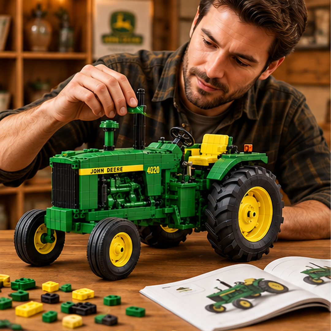 Close-up details of John Deere 4020 front grille, steering controls, yellow seat and rear tire tread