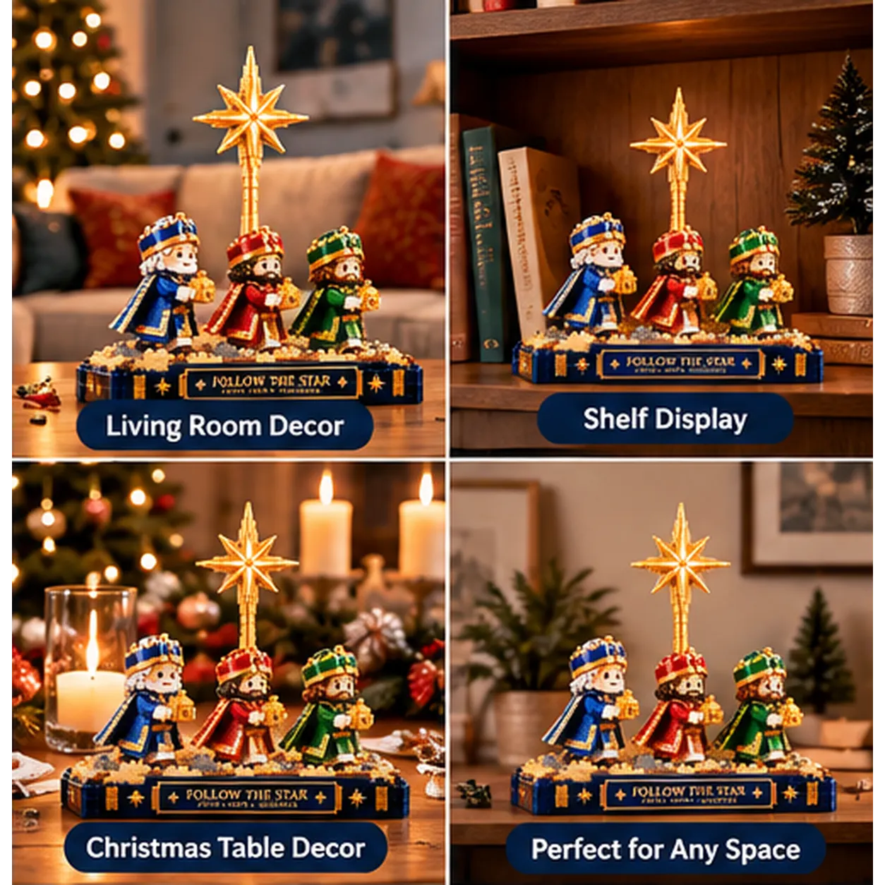 Follow the Star Christmas building set displayed in four different home settings
