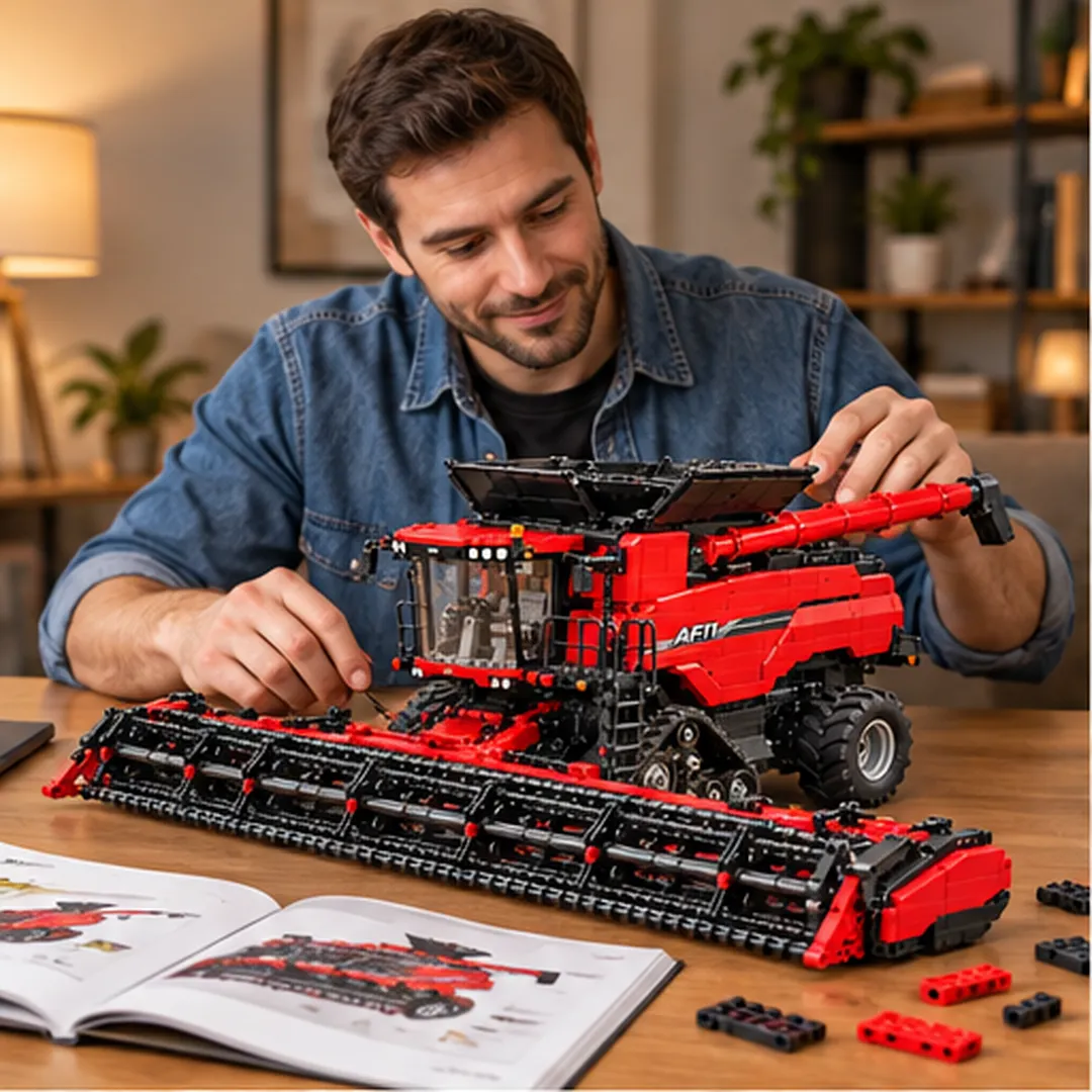 AF11 combine building set and collector packaging in a wheat field