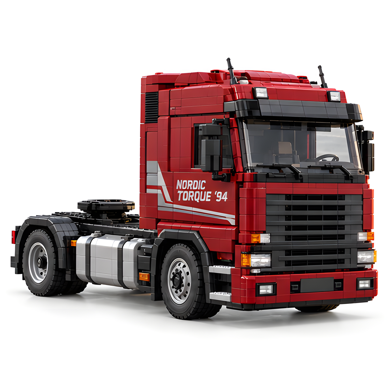 Three-quarter front view of the red Nordic Torque '94 brick-built tractor on a white background, showing the tall cab, black grille, silver fuel tanks, and rear fifth-wheel plate.
