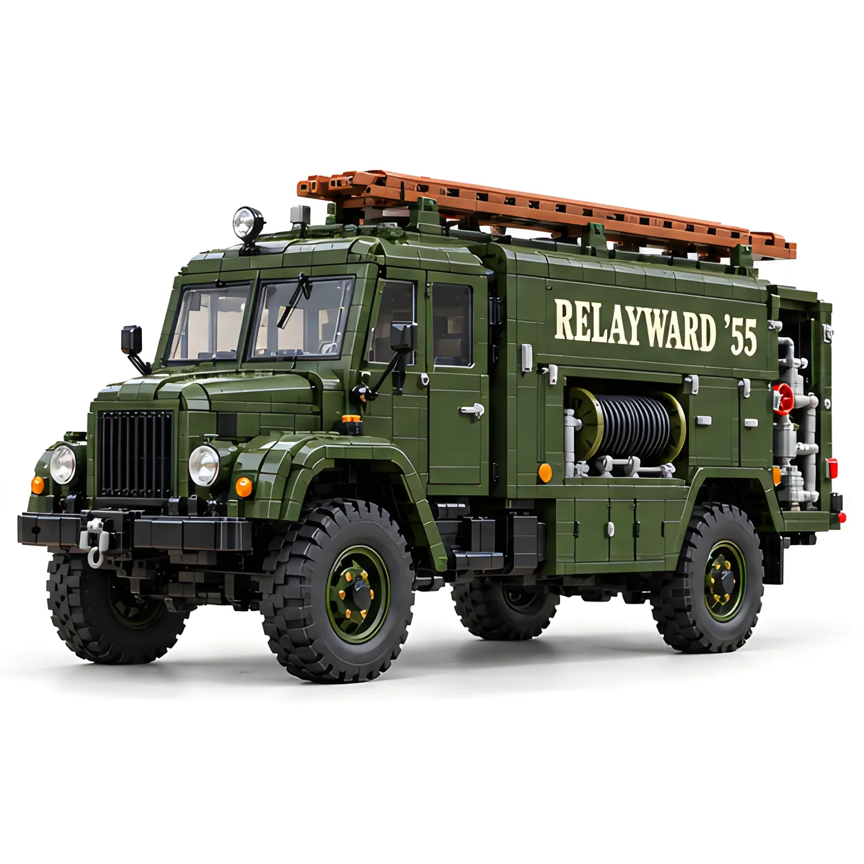 Three-quarter view of the olive-green emergency pump brick build on a white background, showing the tall grille, roof ladder, and recessed hose reel.