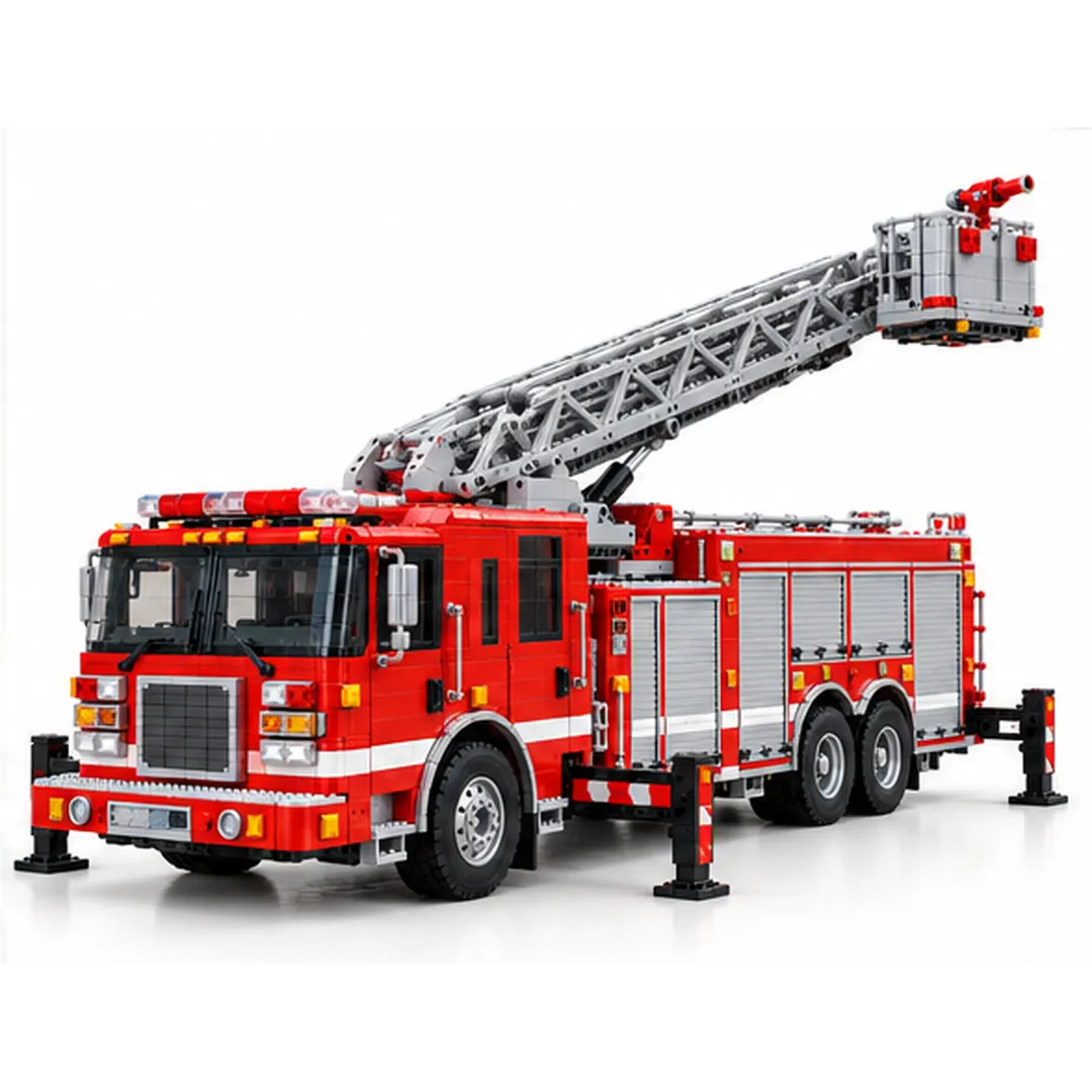 Complete red aerial ladder fire truck brick model with silver raised truss ladder, rescue basket, side compartments and deployed-looking stabilizer supports against a white studio background