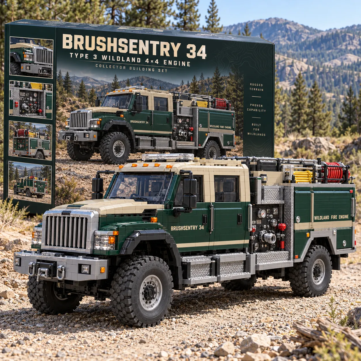 Forest-green and sand-colored brick-built wildland fire truck on rocky ground with tall grille, pump panel, and rooftop hoses.
