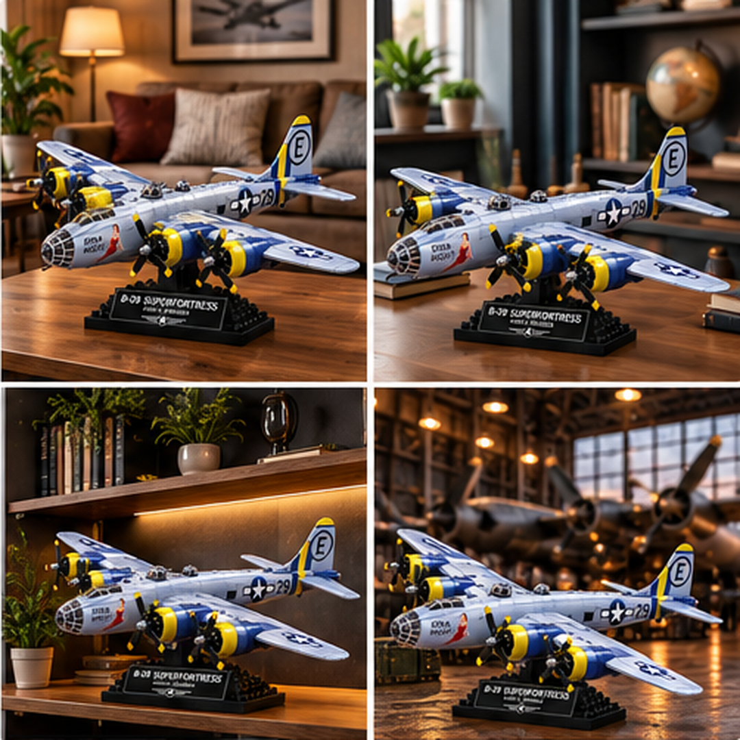 Four-panel collage of B-29 Superfortress brick collector model displayed in a living room, office, shelf and vintage aircraft hangar setting