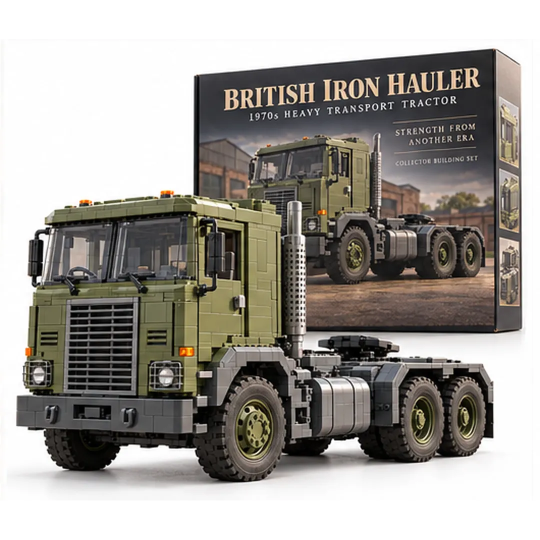 Full olive-green three-axle British Iron Hauler brick tractor with black collector box against a white studio backdrop