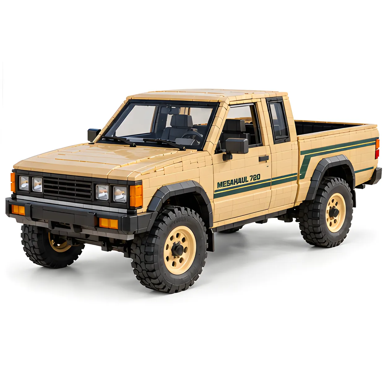 Front three-quarter view of a sand-tan brick-built pickup on white, with a horizontal black grille, rear cab windows, rugged tires, and an empty bed.