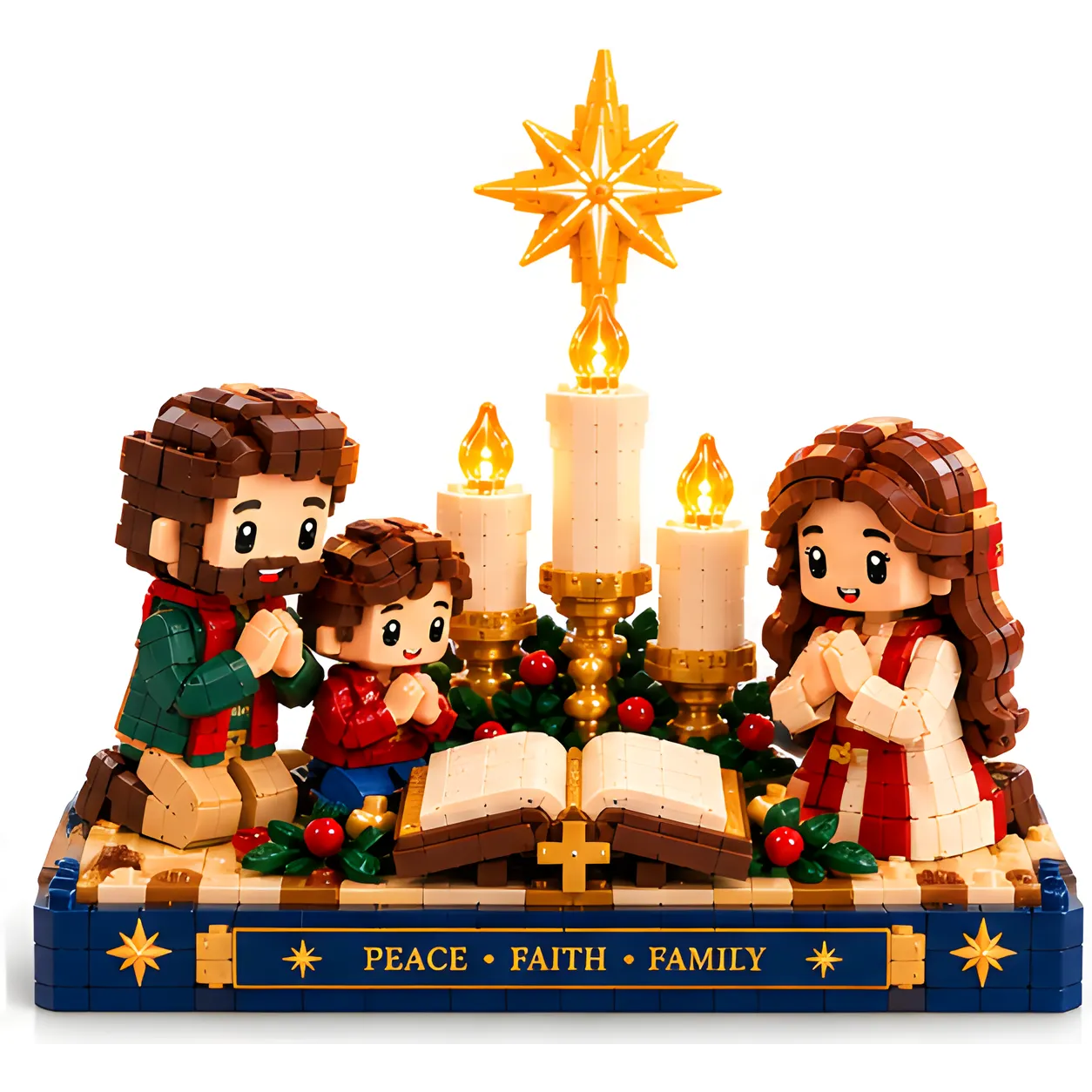 Christmas Eve building set against a white background with kneeling family characters, candle trio, gold star, open book, and navy base; no box shown.
