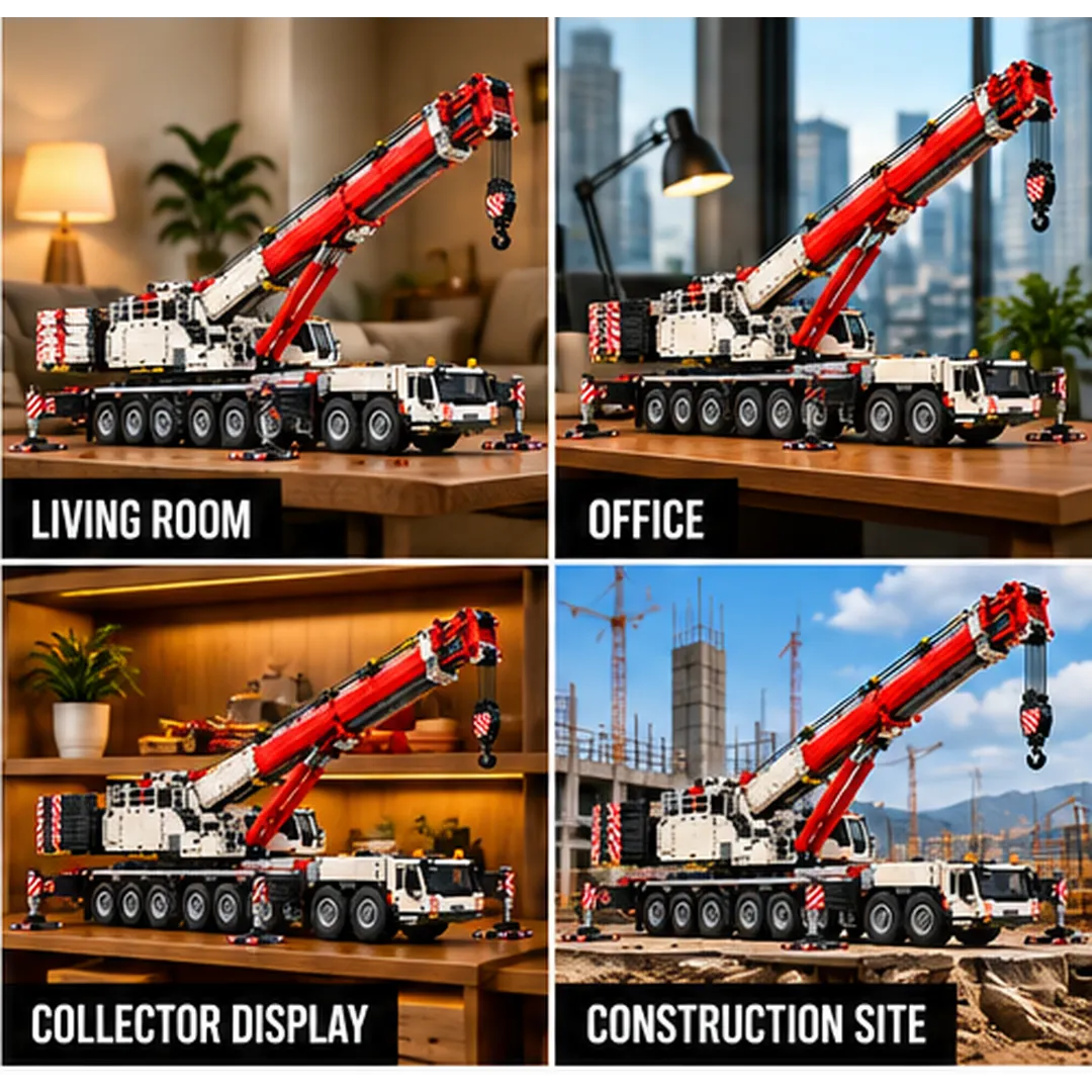 Lifestyle display collage showing the crane brick model in several interior and themed display settings
