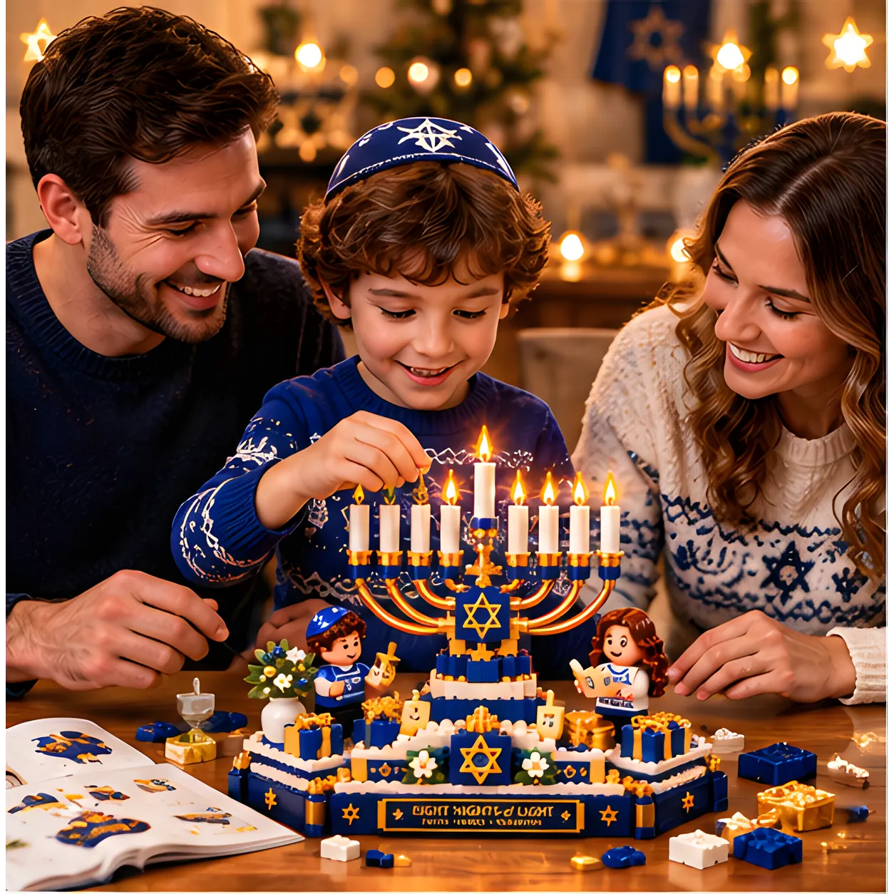 Child and two adults assembling a blue-and-gold Hanukkah menorah brick scene at a table with loose pieces and an open booklet