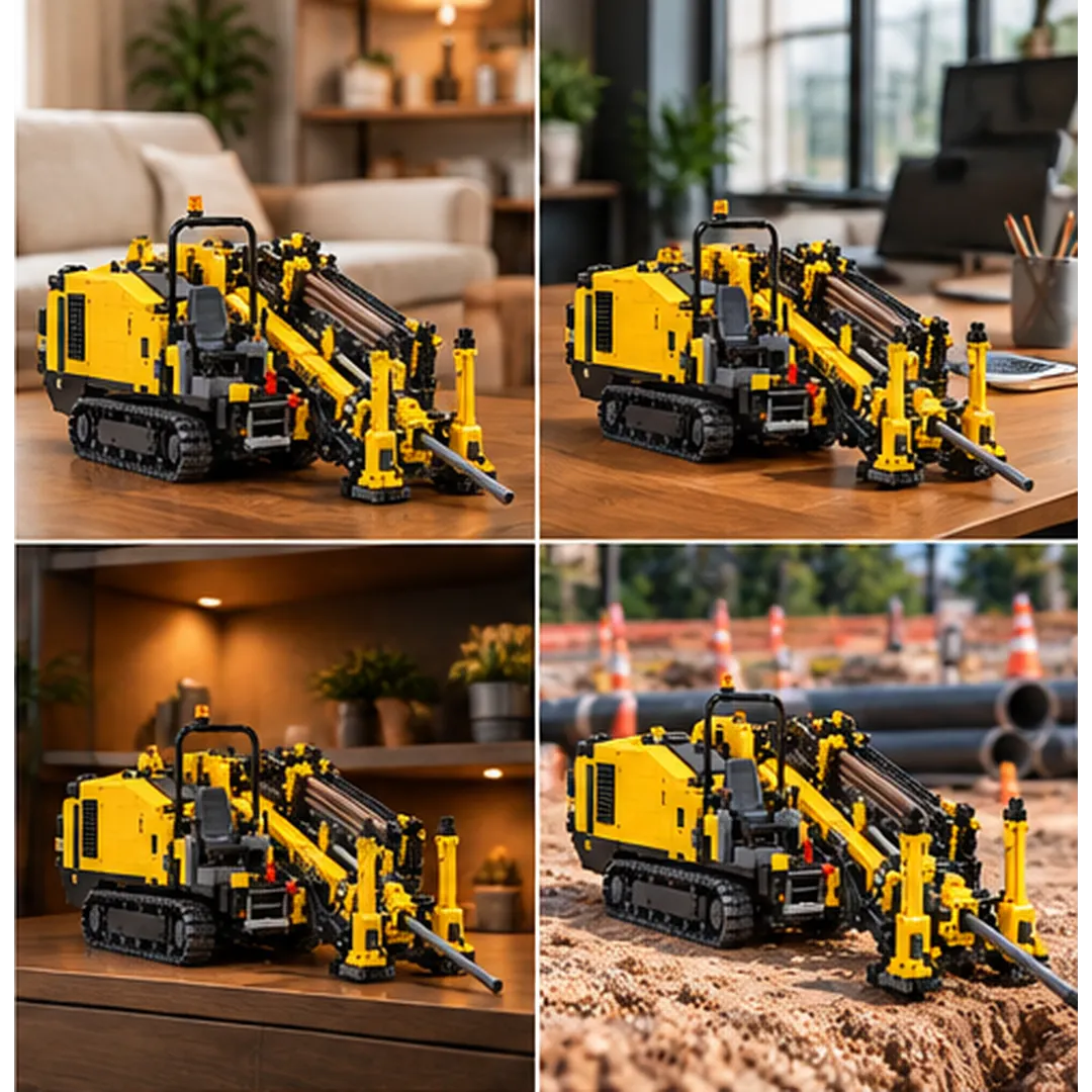 Yellow tracked horizontal directional drilling rig model displayed on a living-room table, office desk, hobby shelf, and utility construction worksite