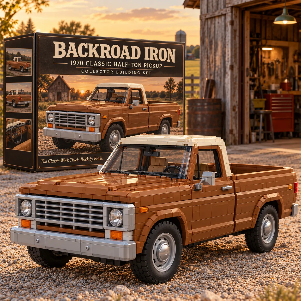 BACKROAD IRON vintage brown and cream pickup building set displayed beside its collector box in a rural sunset scene