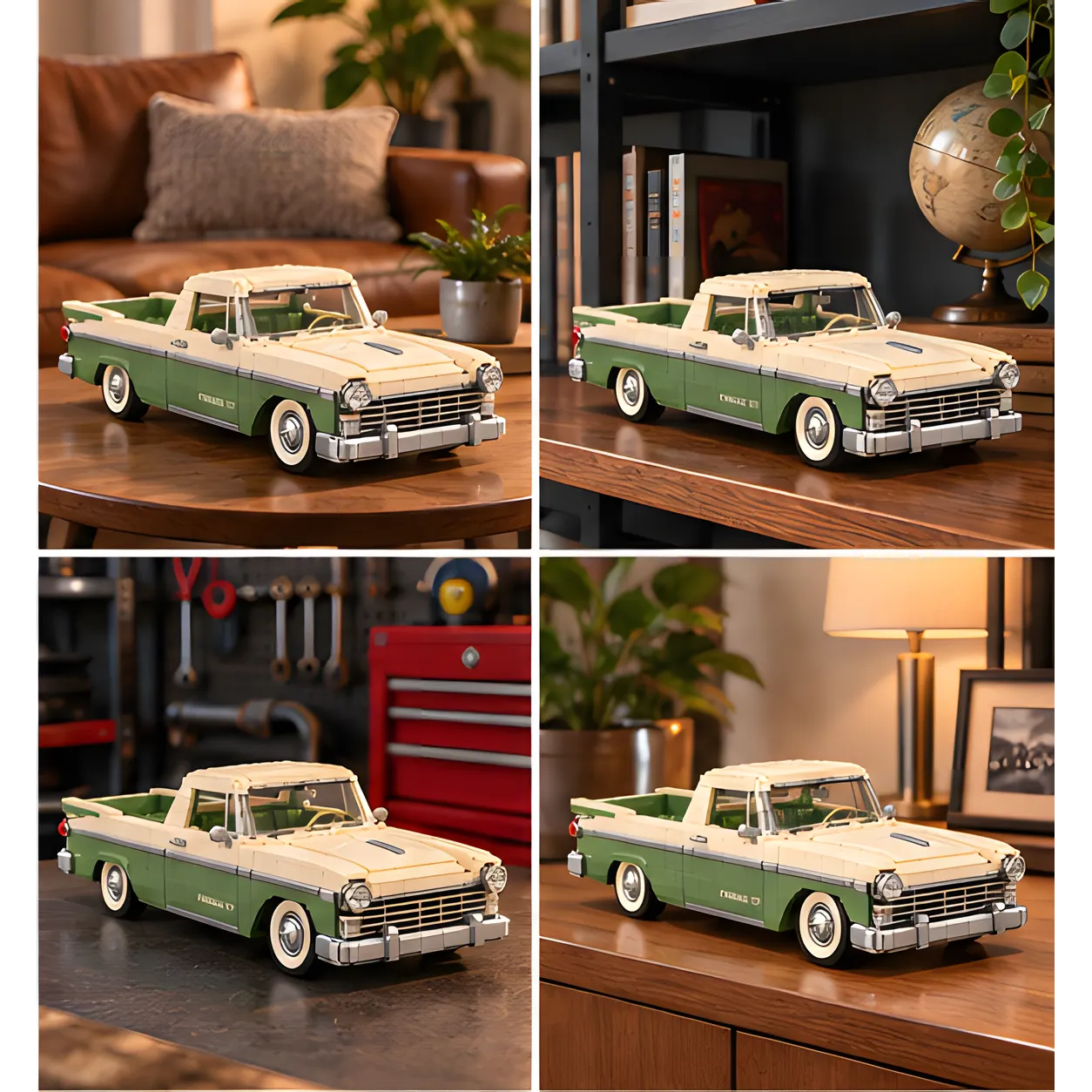 Four home settings with the cream-and-olive brick-built pickup on a living room table, bookshelf, workshop surface, and wooden cabinet.