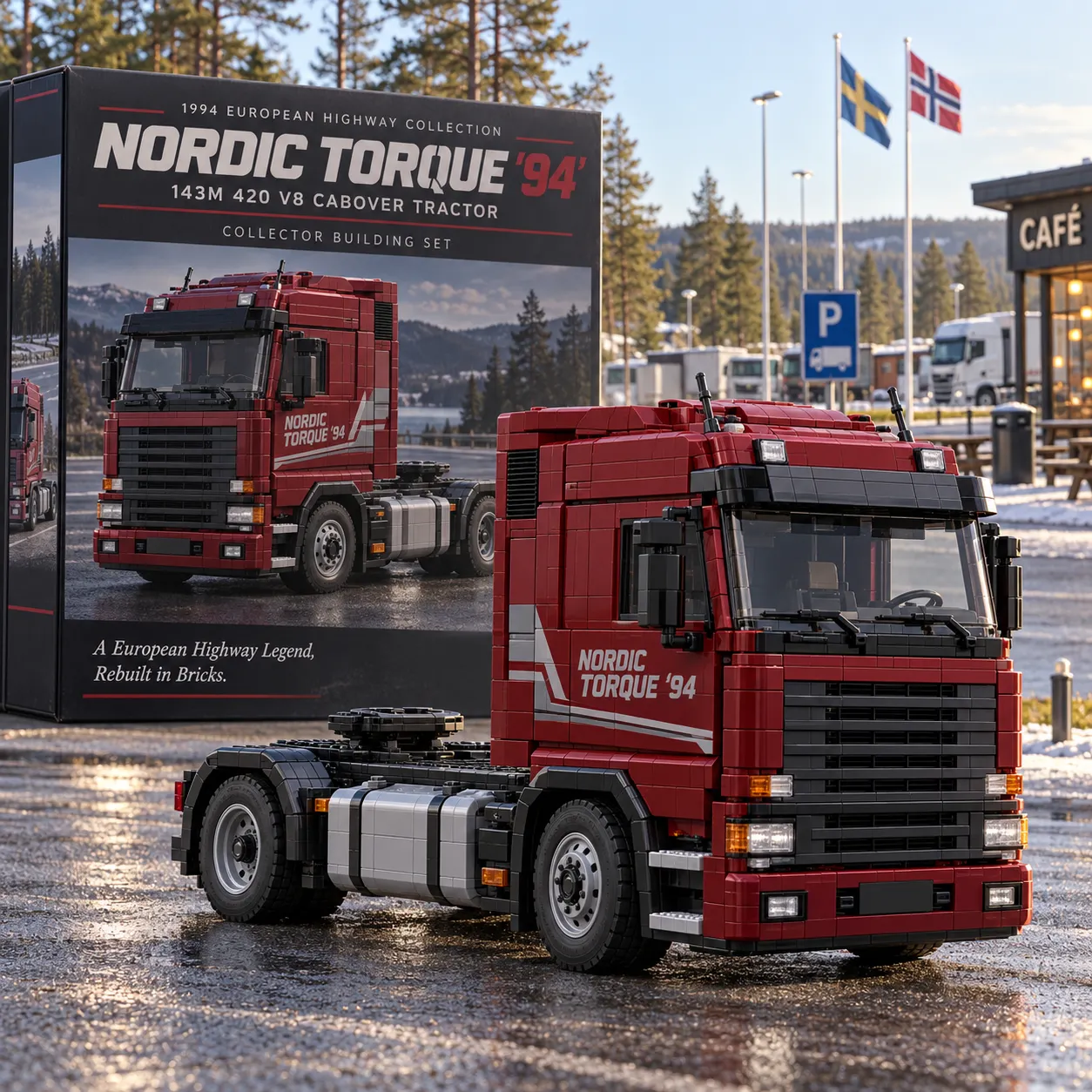 Nordic Torque '94 red brick-built cabover tractor with black front grille, silver side tanks, and matching collector building set box at a snowy Nordic roadside stop.