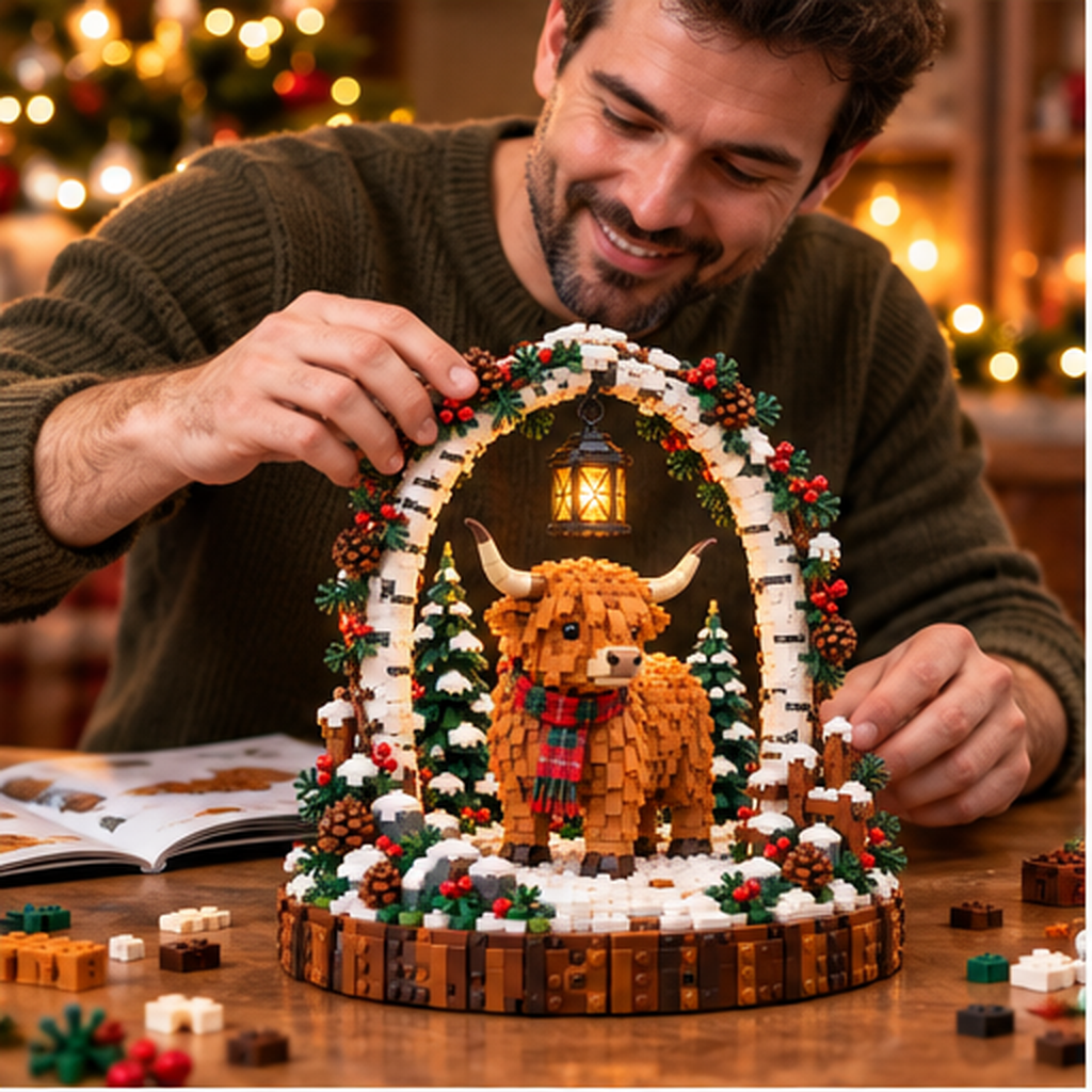 Christmas Highland Cow and Winter Lantern building set