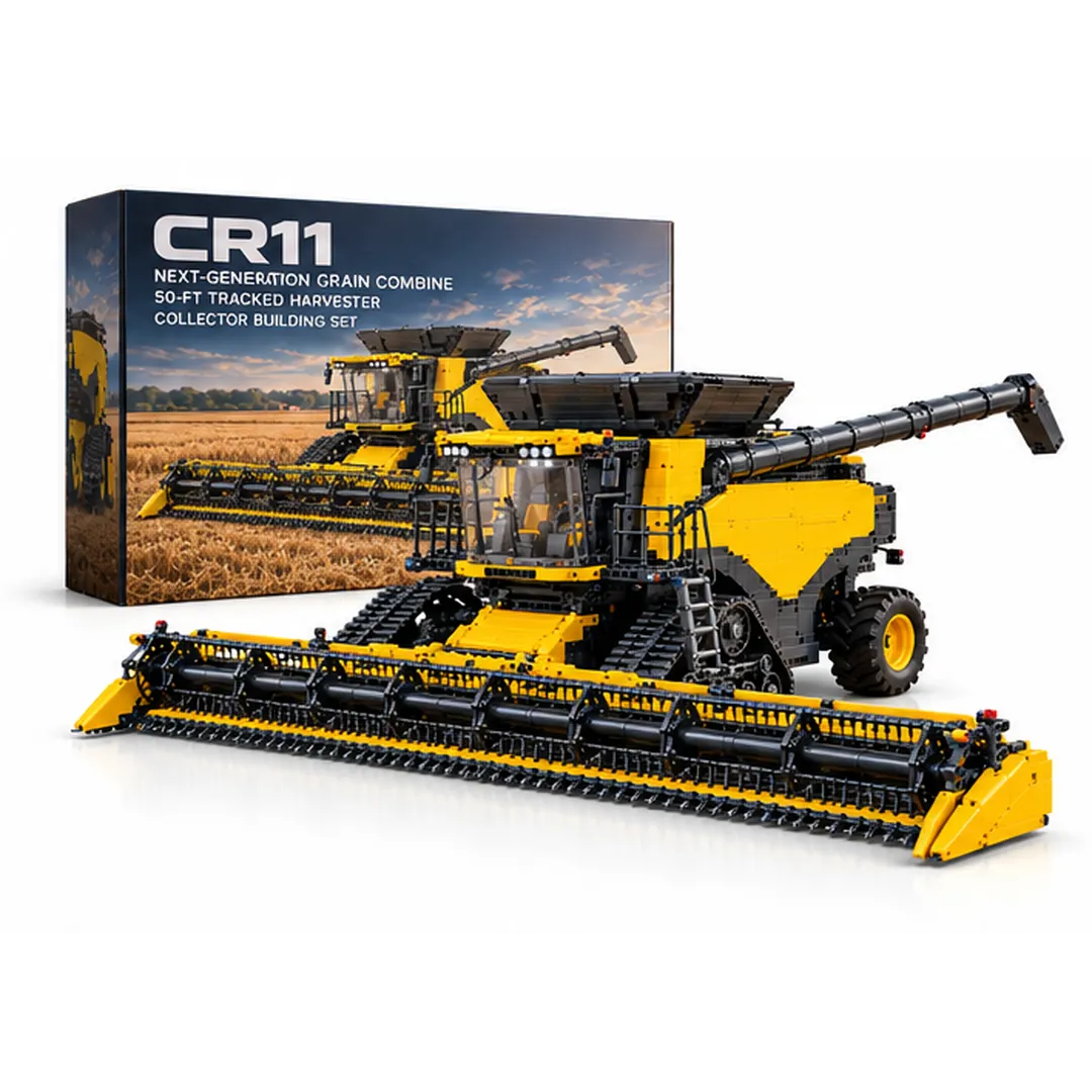 Complete yellow and black tracked grain combine building model with broad grain-cutting header, cab, tracks, grain tank, unloading tube and presentation box