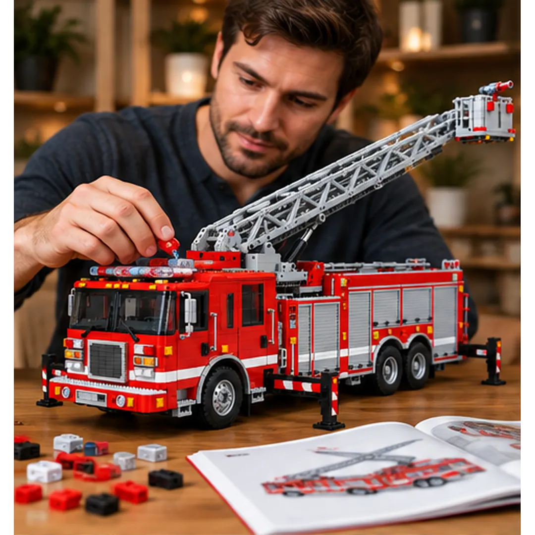 Adult enthusiast working on a red aerial ladder fire truck building set at a wooden table with small bricks and an open instruction booklet