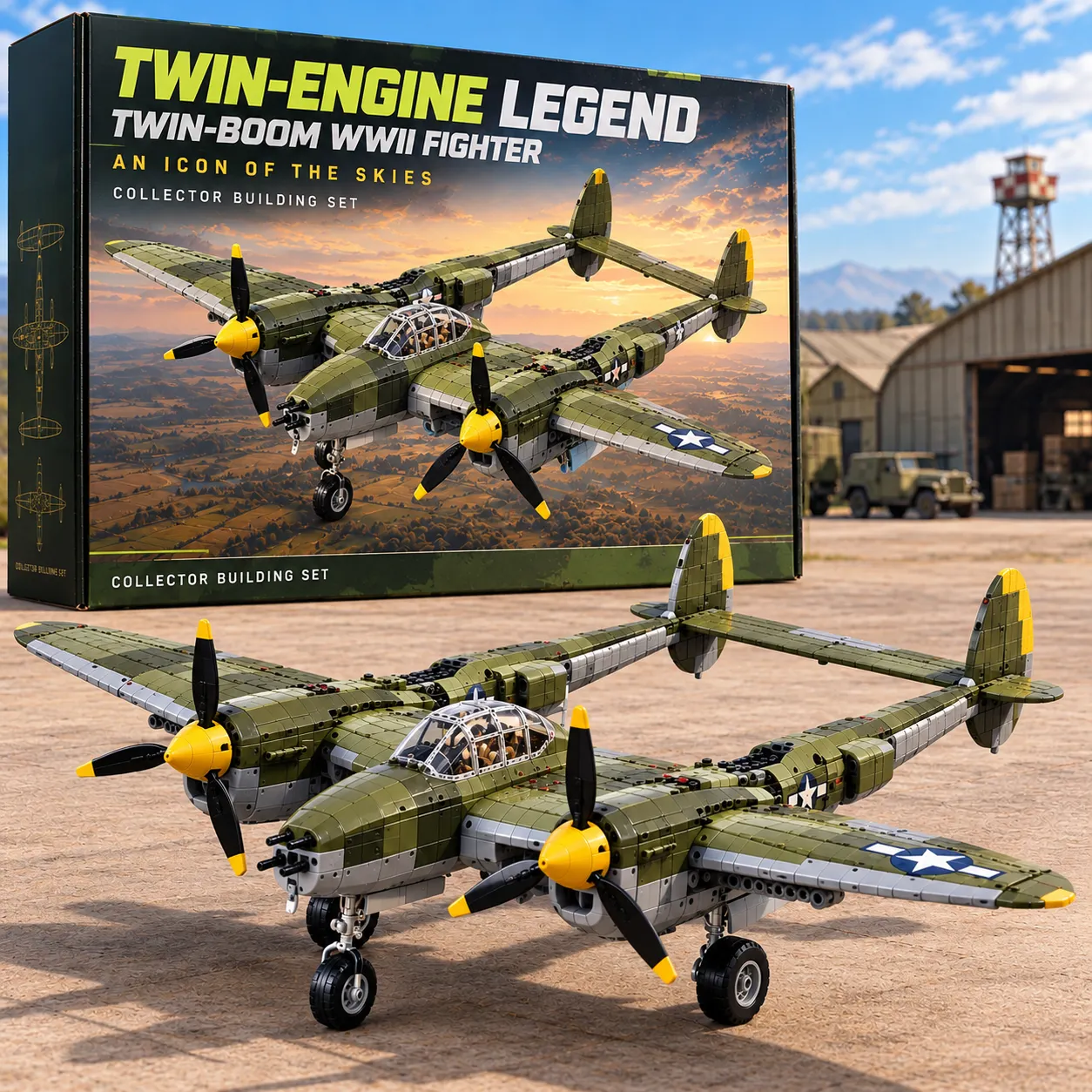 Twin-Engine Legend olive-green brick-built twin-boom aircraft in an airfield scene with a collector presentation box