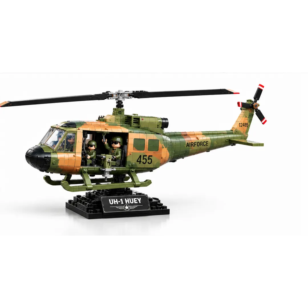 Builder assembling UH-1 Huey helicopter brick set