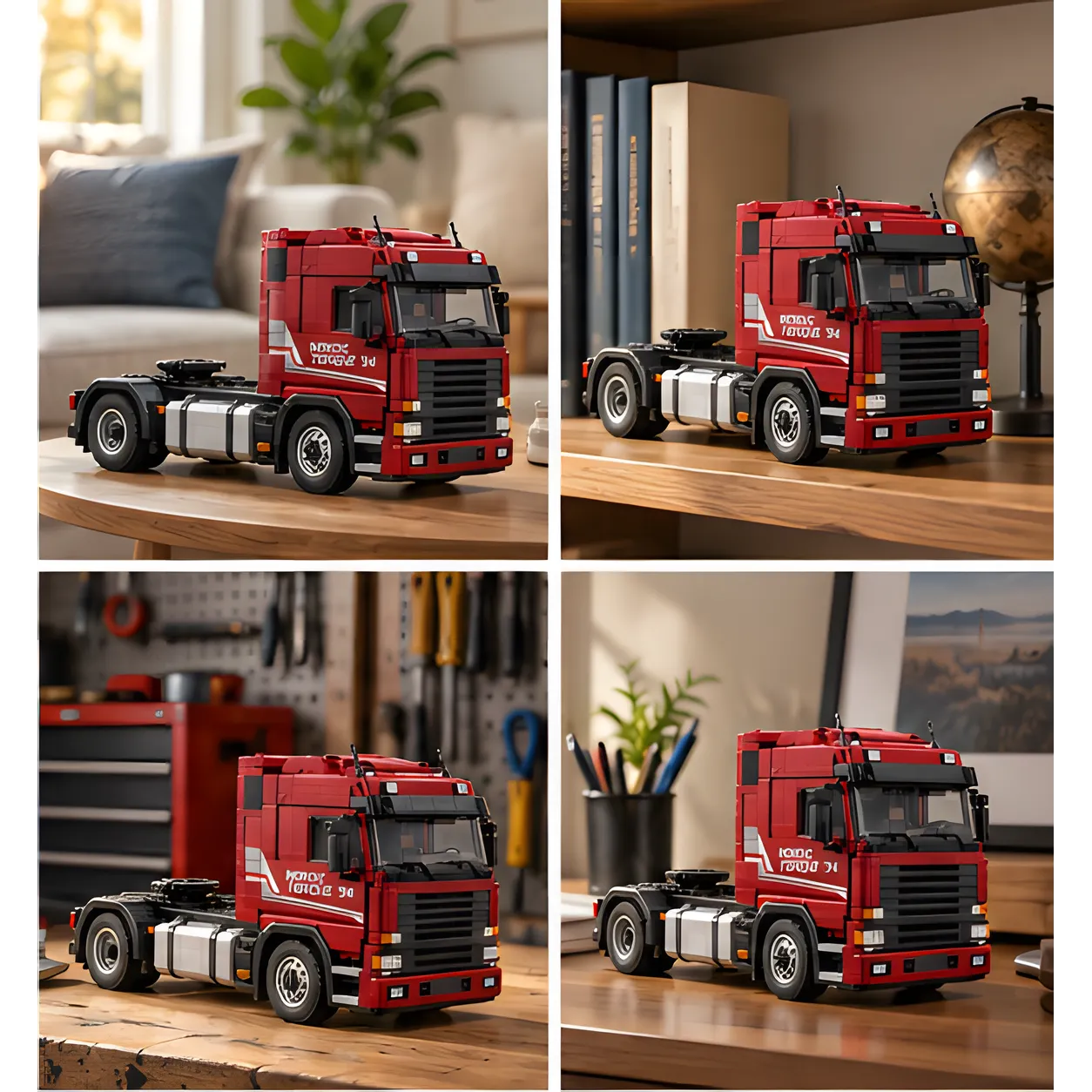 Four home display settings featuring the red brick-built truck on a living room table, bookshelf, workshop bench, and home office desk.