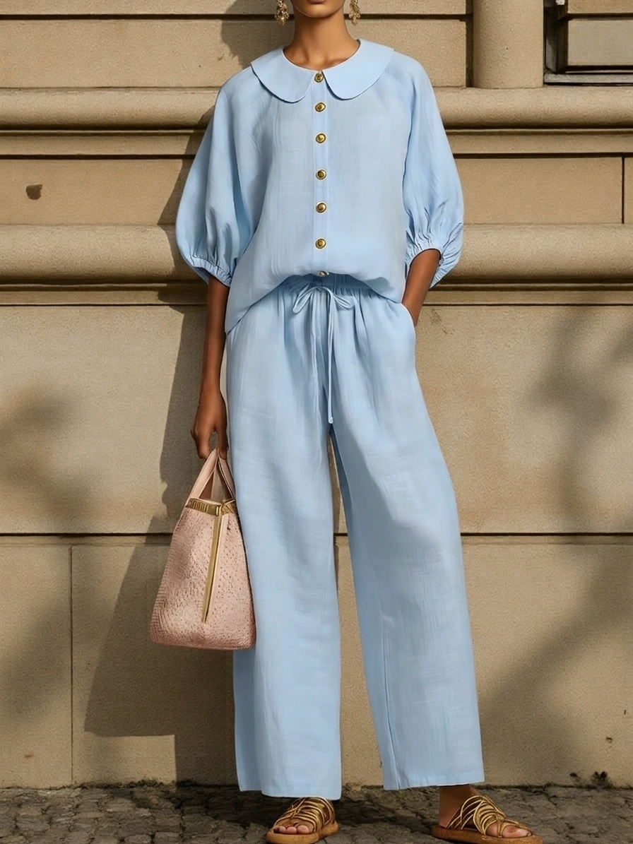 New Arrivals🔥Stylish Peter Pan Collar Shirt And Wide-leg Pant Linen Two-piece Set Plus Size Friendly