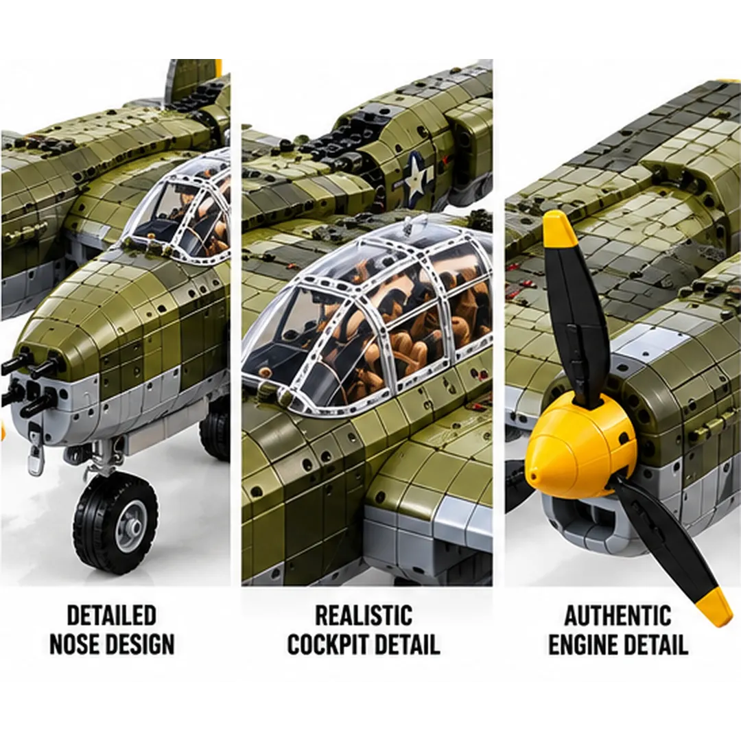 Twin-boom fighter brick model close-up details showing yellow propeller spinner, framed central cockpit and connected double-tail structure