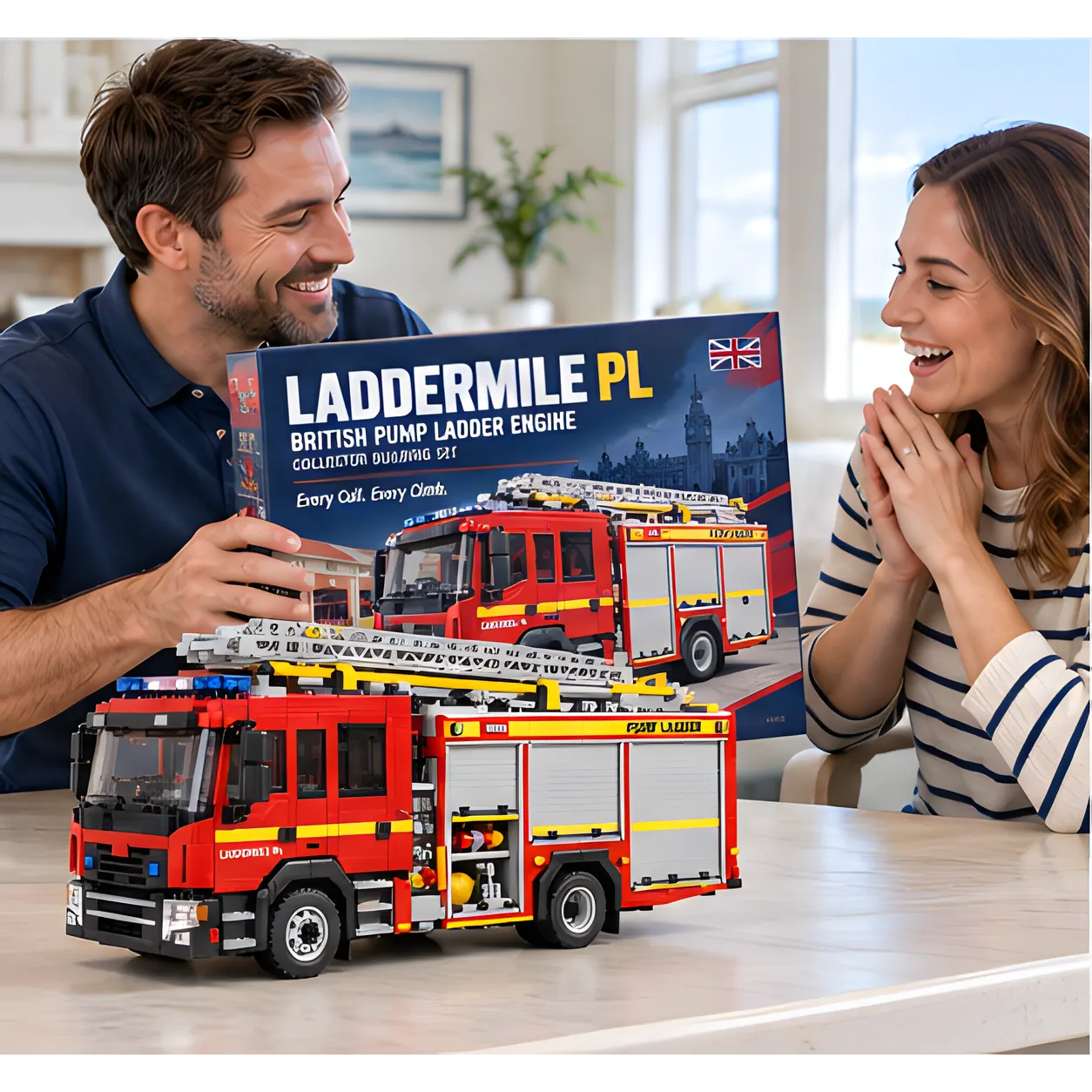 A man and a woman smiling beside an assembled red-and-yellow British fire engine brick build at a table.