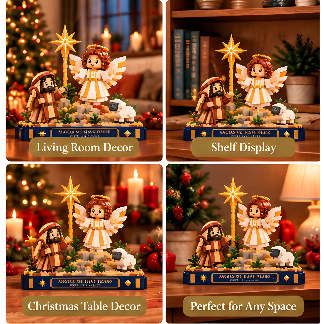 Four Christmas home displays featuring the assembled star, angel, shepherd, and sheep scene on tables and a shelf