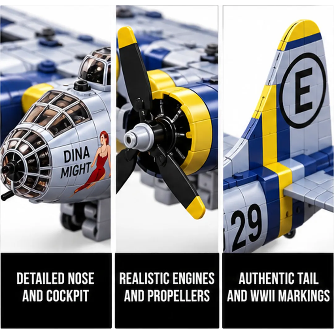 B-29 Superfortress building model close-ups of glazed nose and DINA MIGHT artwork, four-engine propeller styling and tall fin with E marking