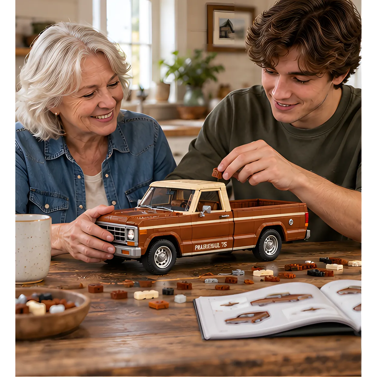 Older woman and young man working on a brown-and-cream pickup brick build at a table with loose pieces and instructions.