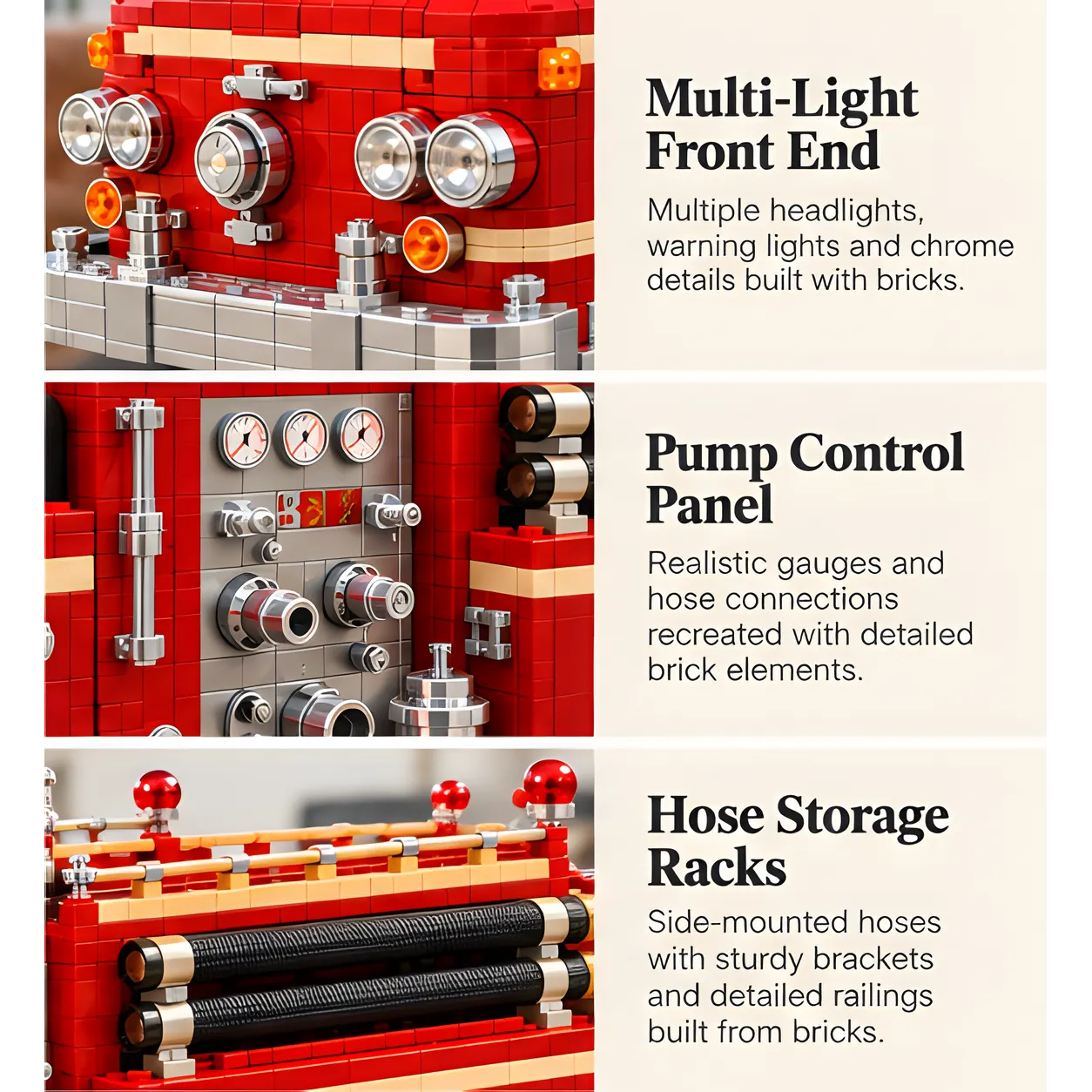 Three close-up views of clustered chrome-look front lamps, a side panel with gauges and hose connections, and black hose racks with raised rails.