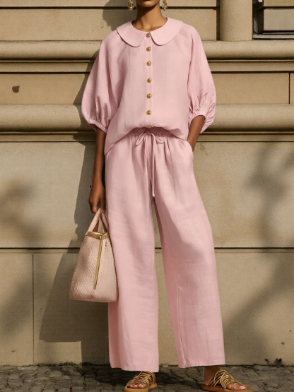 New Arrivals🔥Stylish Peter Pan Collar Shirt And Wide-leg Pant Linen Two-piece Set Plus Size Friendly