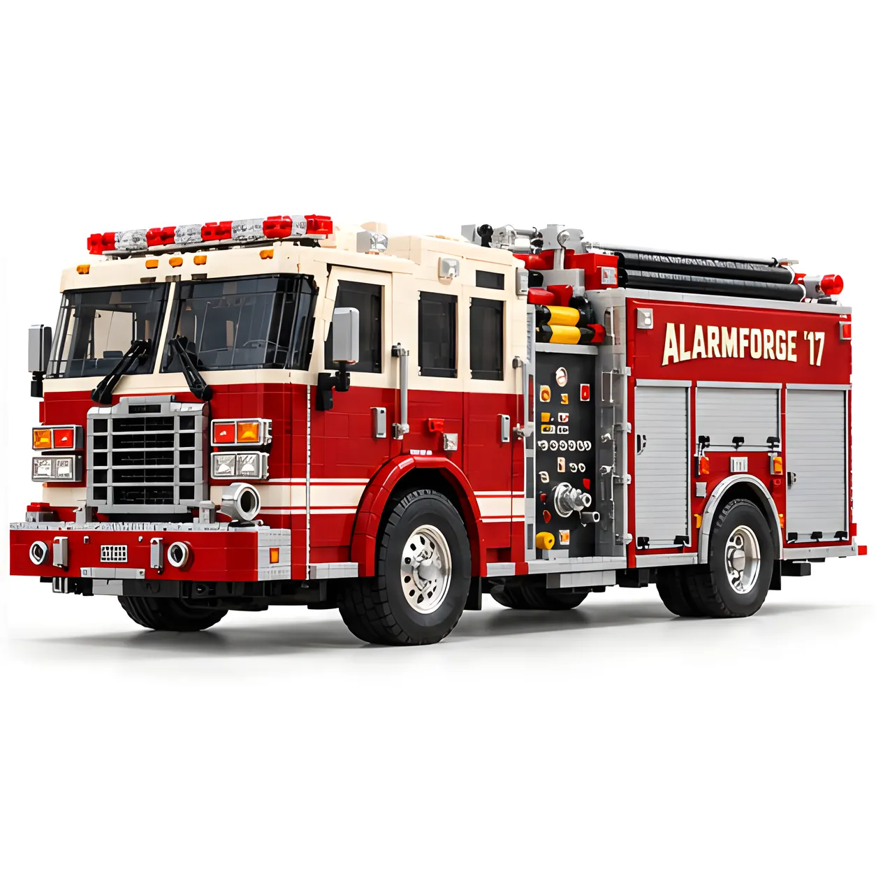Red and ivory brick-built pumper fire engine isolated on a white background, showing the crew cab, layered grille, side controls, roll-up compartment doors, and stacked upper hoses.